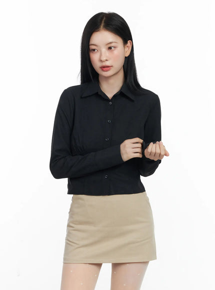 shirred-back-buckle-crop-long-sleeve-blouse-cj520