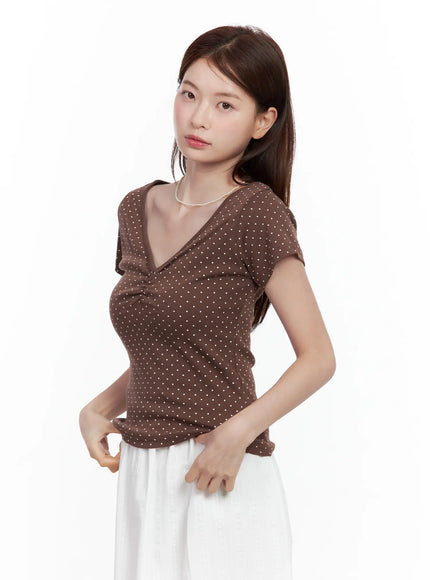 polka-dot-shirred-v-neck-top