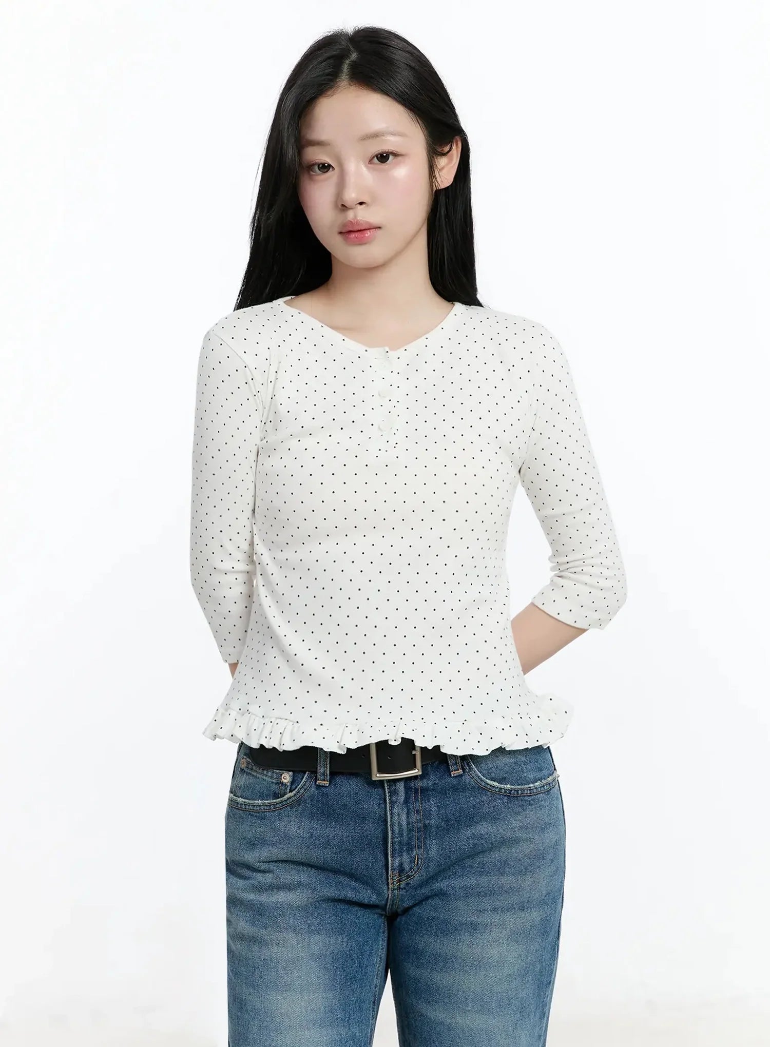 polka-dot-frill-hem-3-4-sleeve-top-im513