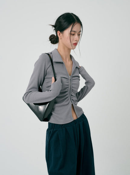 Ruffle Zipper Long Sleeve Top ID08