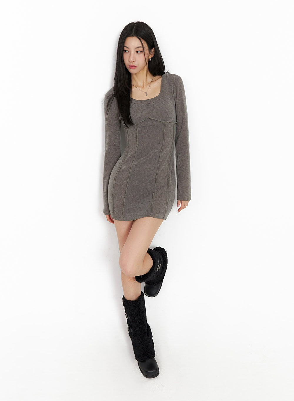 Cozy Long-Sleeve U-Neck Mini Dress ID431