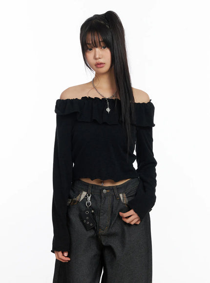 off-shoulder-frill-long-sleeve-top-cf506 / Black