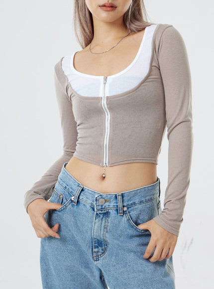 Two Tone Zip-Up Cropped Top CG31