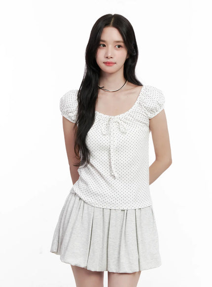 polka-dot-puff-sleeve-ribbon-top-cl516