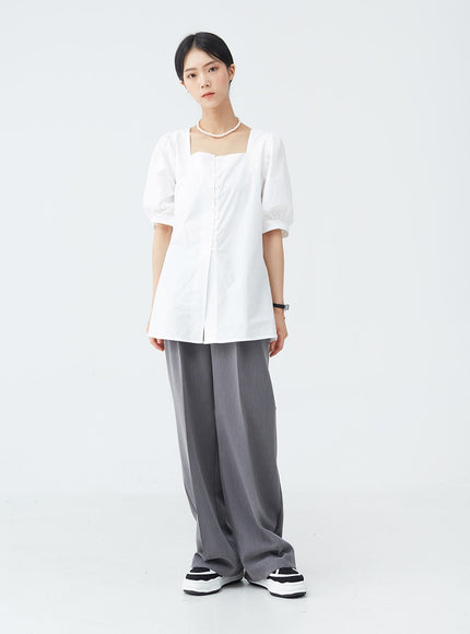 Square Neck Button-Down Slit Blouse OU19