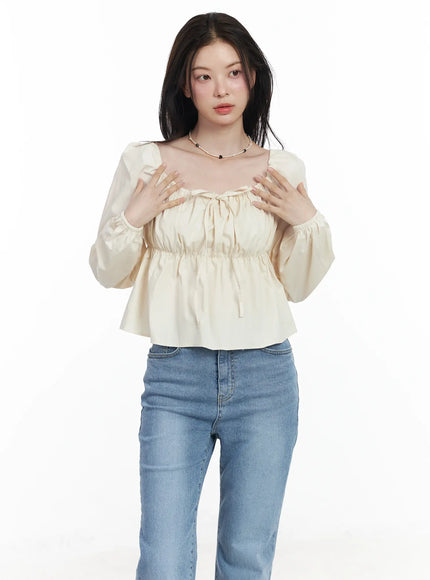 puff-sleeve-cotton-blouse-if520 / Beige