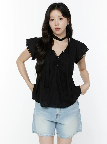 embroidered-ribbon-blouse-and-skinny-scarf-set-iy511 / Black