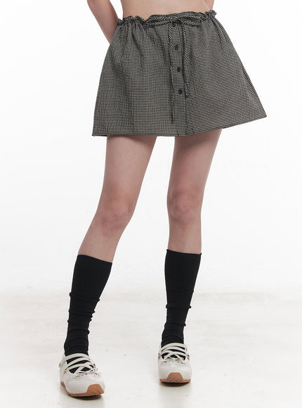 checkered-ribbon-button-mini-skirt-iy513 / Black