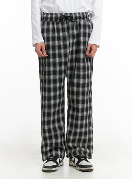 mens-wide-fit-gingham-trousers-ia401 / Black