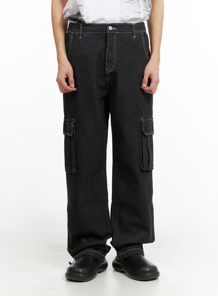 mens-denim-cargo-straight-leg-jeans-ia402 / Black