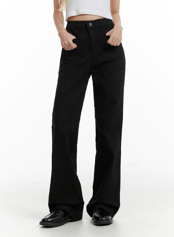 mid-waist-button-flared-trousers-if408 / Black