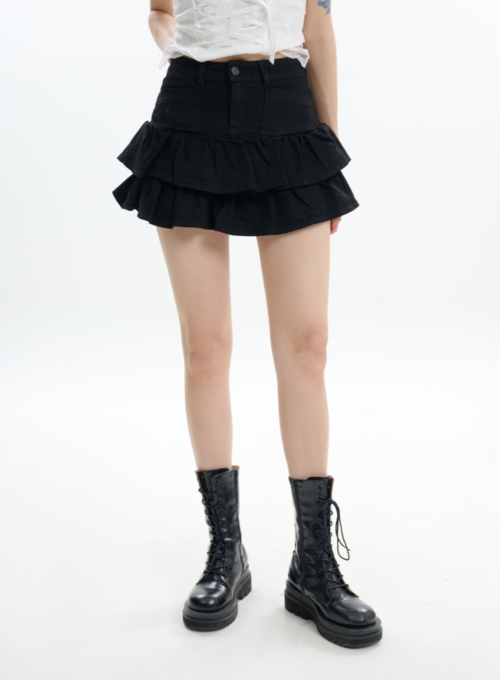 denim-fringe-layered-mini-skirt-if413 / Black