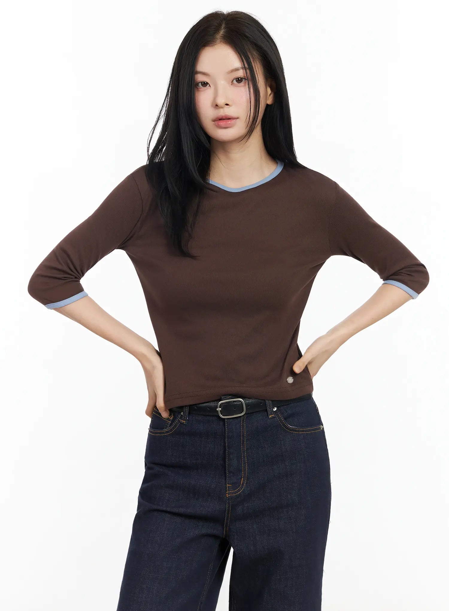 two-color-quarter-sleeve-top-im524 / Brown