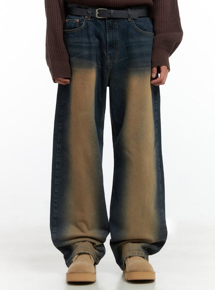 mens-brown-washed-wide-denim-jeans-io402 / Dark blue