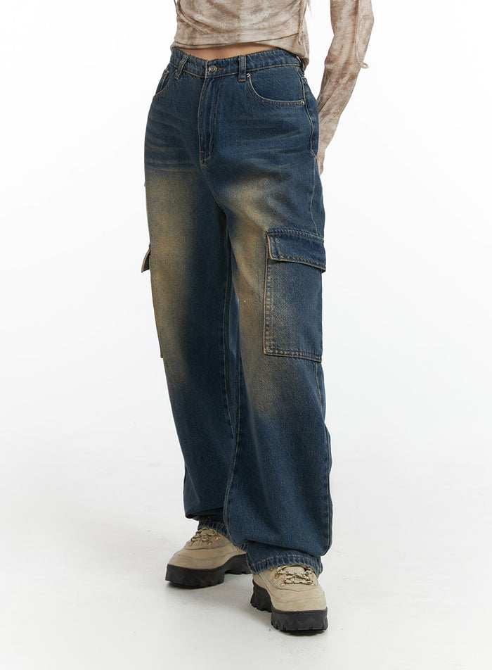 denim-high-waist-wide-leg-pocket-cargo-jeans-ij411 / Dark blue