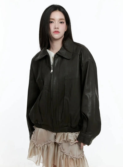 zippered-faux-leather-biker-style-jacket-io520 / Dark gray