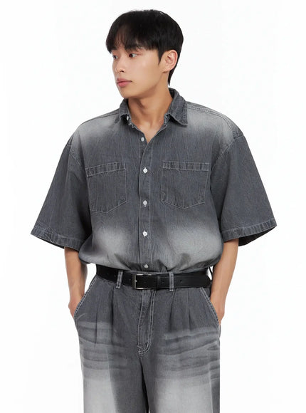mens-washed-denim-button-up-top-il516 / Gray