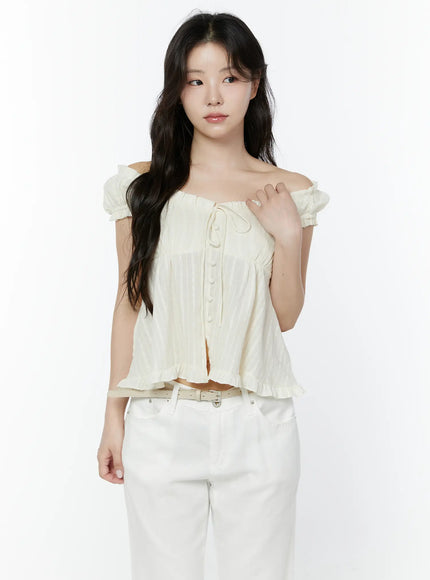 ruffled-off-shoulder-blouse-iy507 / Light beige