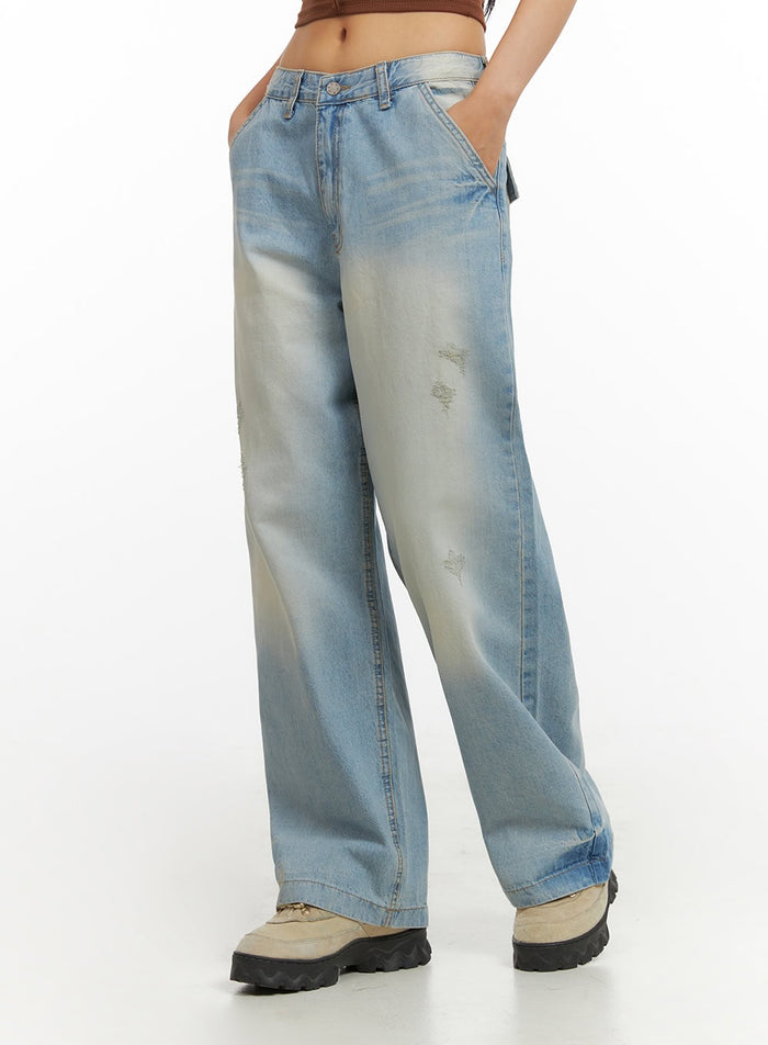 washed-denim-wide-leg-jeans-iy422 / Light blue