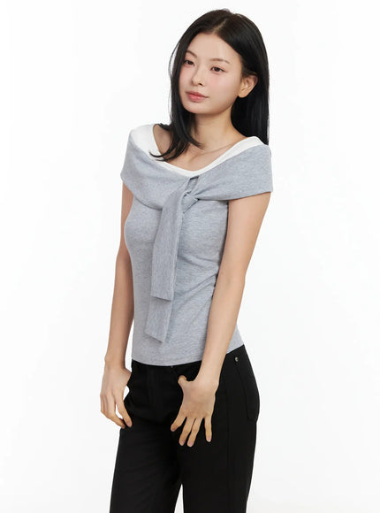 layered-knot-off-shoulder-tank-im524 / Light gray
