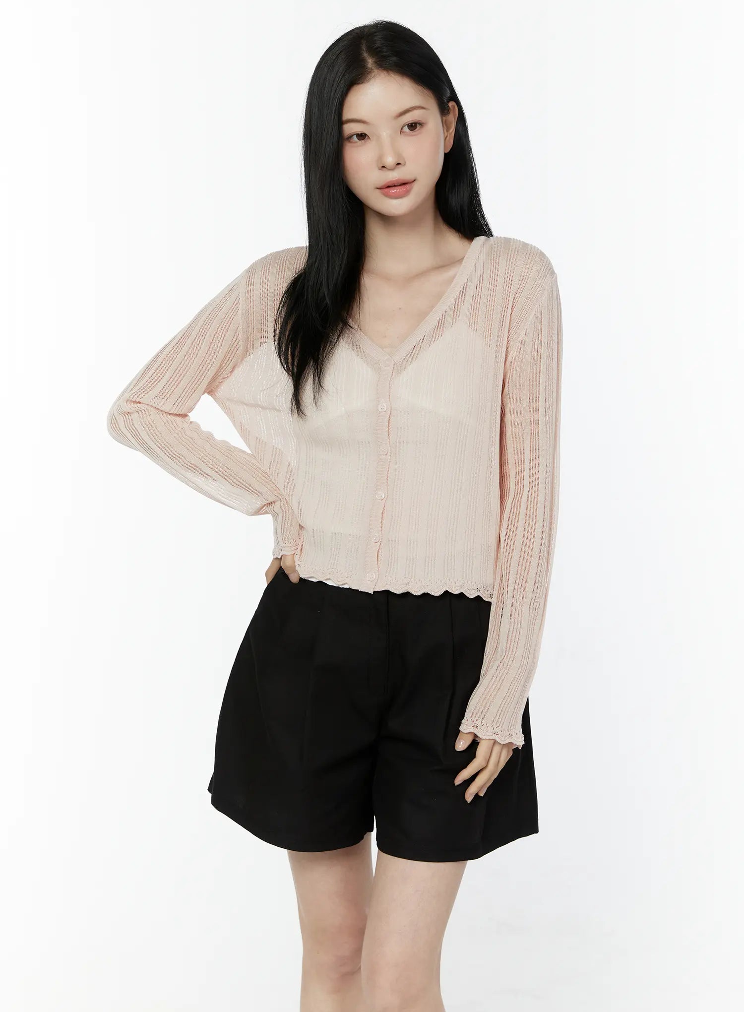 sheer-v-neck-cardigan-iu505 / Light pink