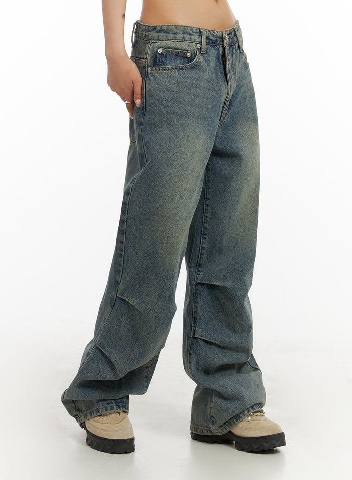 pintuck-washed-denim-baggy-jeans-iy410 / Light yellow