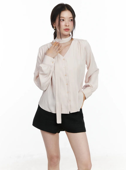 v-neck-shirred-blouse-and-scarf-set-if525 / Pink