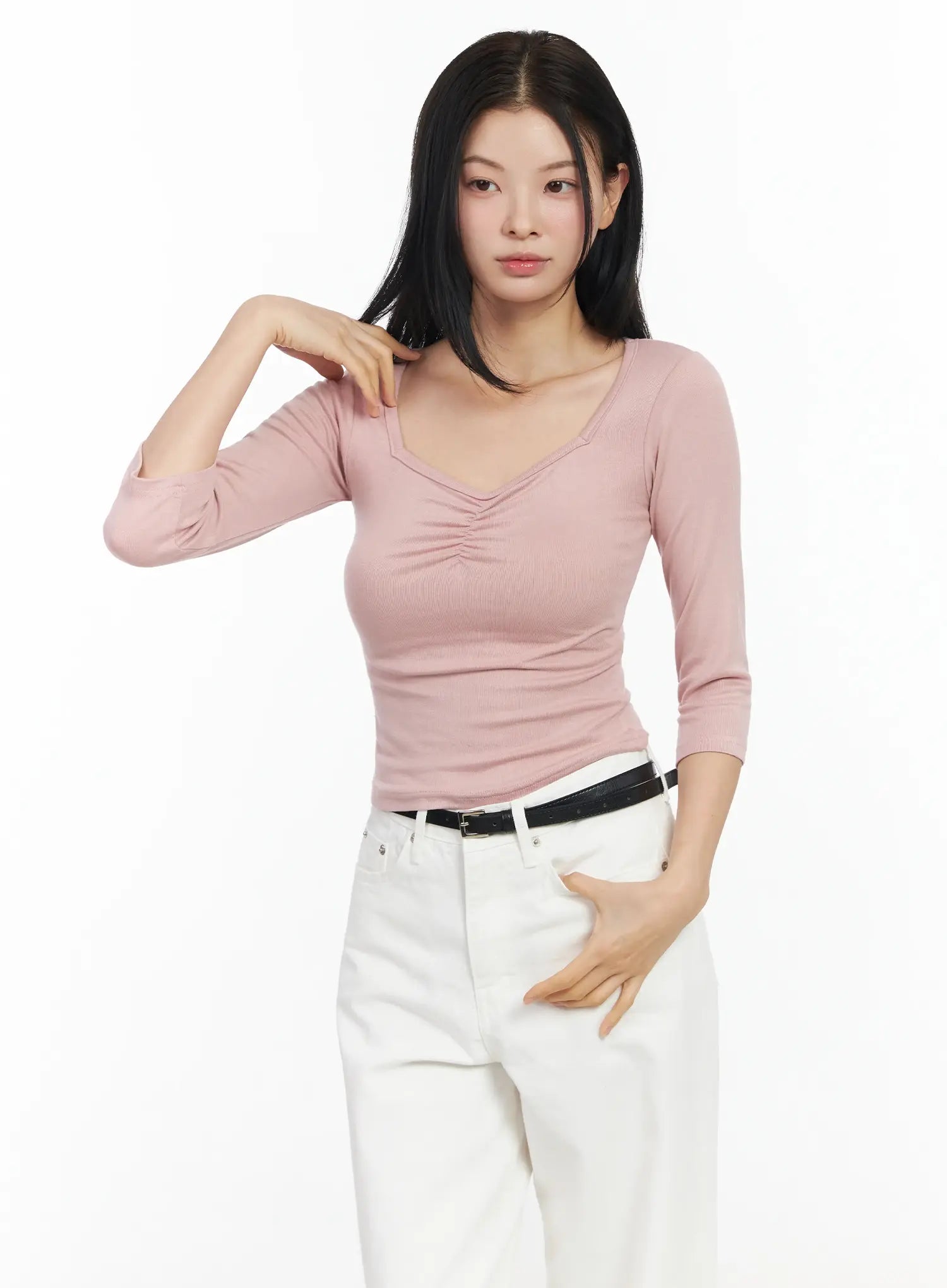 heart-neck-long-sleeve-top-im524 / Pink