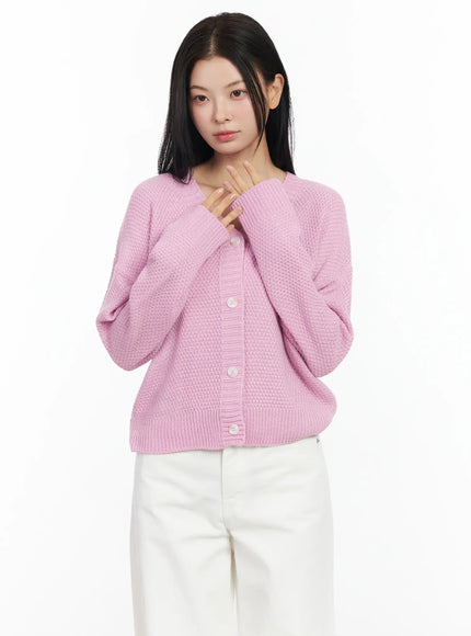 pastel-waffle-v-neck-cardigan-im524 / Pink
