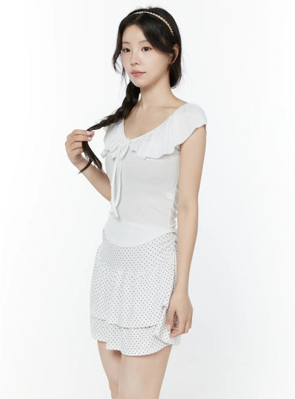 Frill Ribbon V-Neck Off-Shoulder Top IY507
