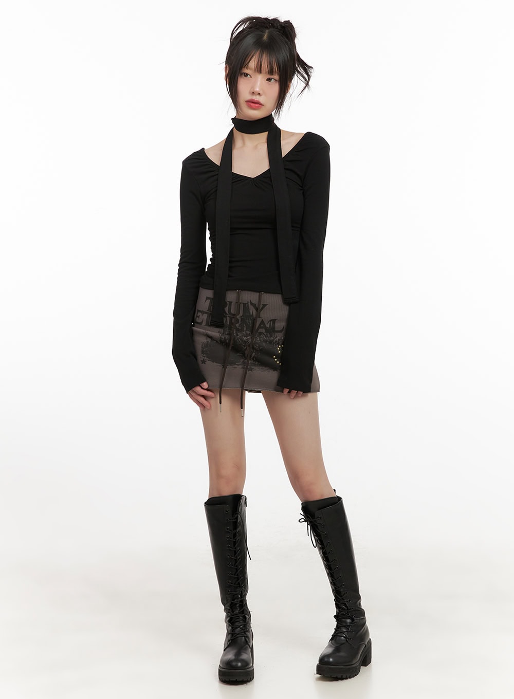 String Studded Graphic Mini Skirt CJ502