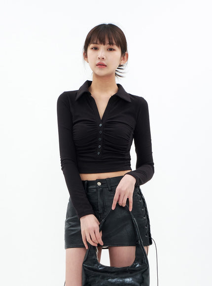 Open Collar Shirring Long-sleeve Top CA01