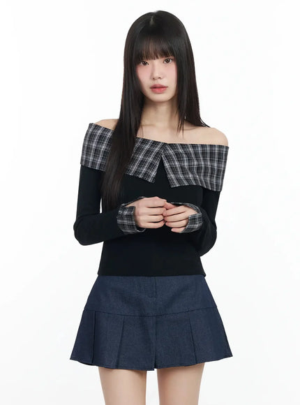 plaid-off-shoulder-long-sleeve-top-im523