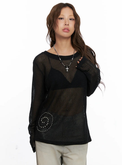 studded-mesh-knit-long-sleeve-sweater-cs522 / Black