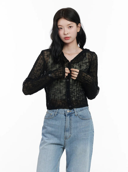 sheer-crop-hoodie-knit-cardigan-ca510 / Black