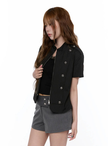 military-style-short-sleeve-jacket-ca520 / Black