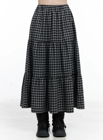 checkered-flare-maxi-skirt-cn519 / Black