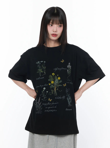 oversized-floral-print-t-shirt-ca528 / Black