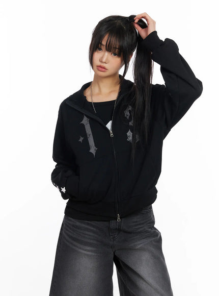 star-graphic-lined-sporty-zip-up-jacket-cf504 / Black