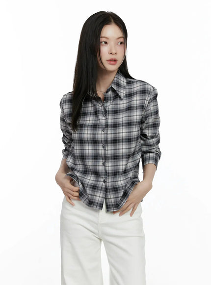 plaid-crop-long-sleeve-shirt-f502 / Black