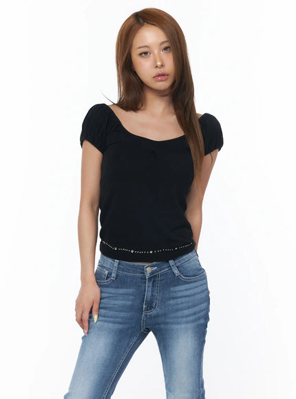 two-way-puff-sleeve-studded-top-cu501 / Black