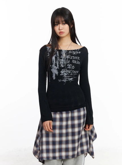 Edgy Boat Neck Graphic Long Sleeve Tee CF506
