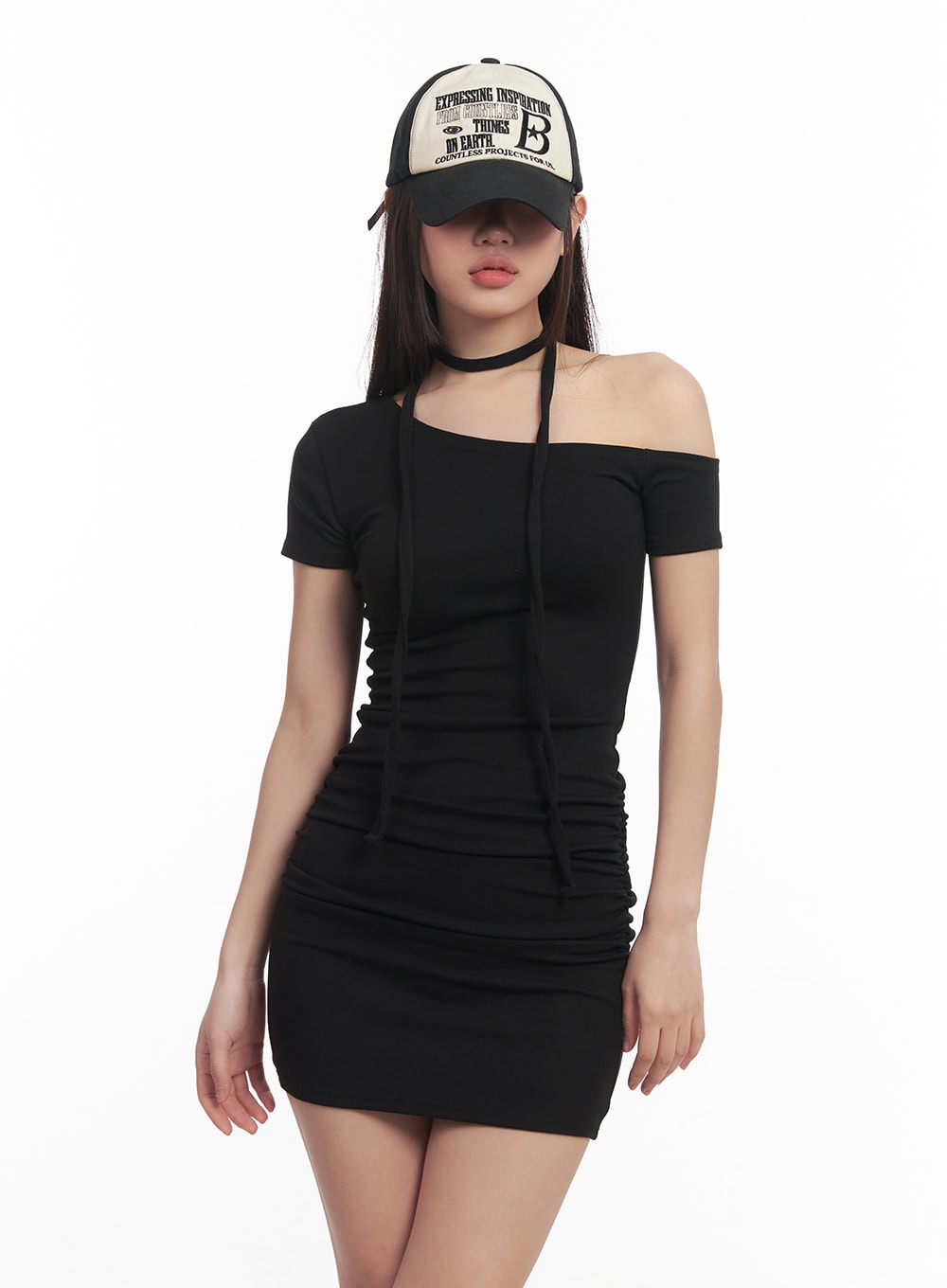 shirred-one-shoulder-mini-dress-with-scarf-cm531