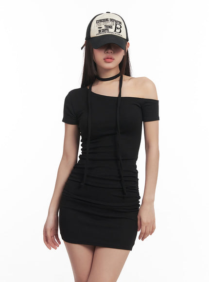 shirred-one-shoulder-mini-dress-with-scarf-cm531