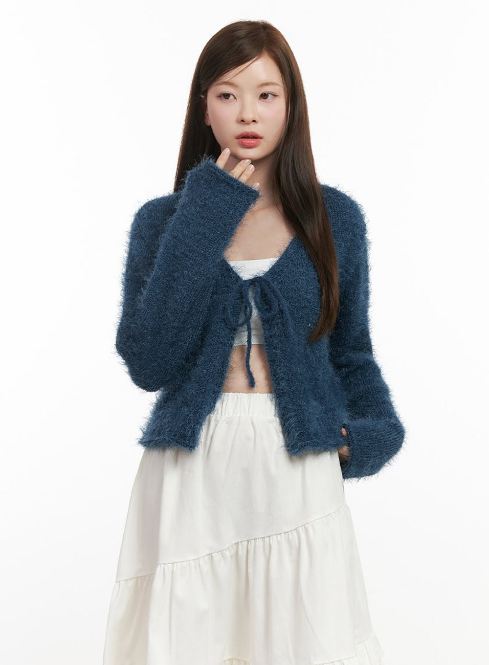 Fuzzy Ribbon Tie Cardigan IJ527