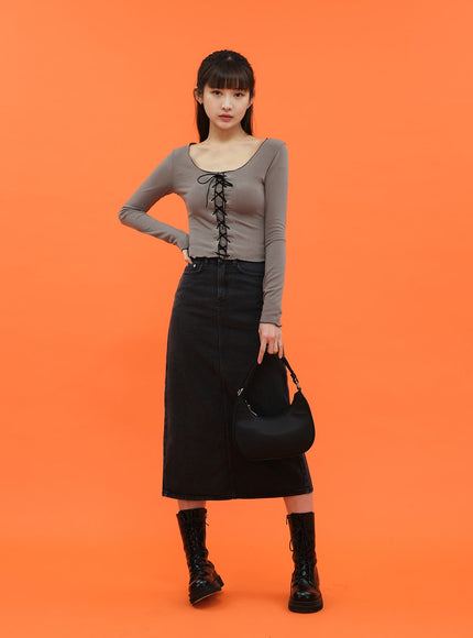 Cropped Long Sleeve Top with Front Lace Detail C1703