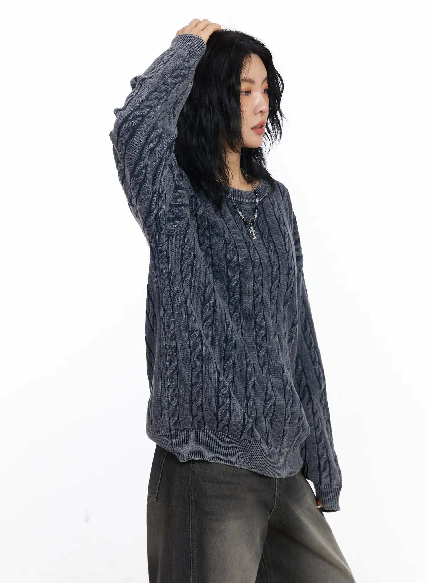oversized-cable-knit-sweater-cj522 / Dark blue