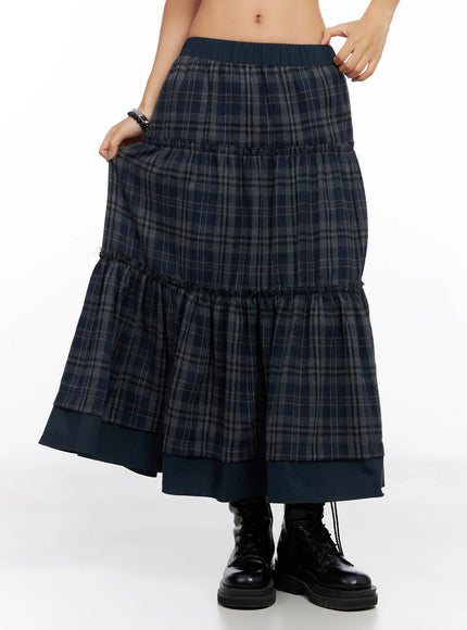 plaid-tiered-maxi-skirt-co515 / Dark blue