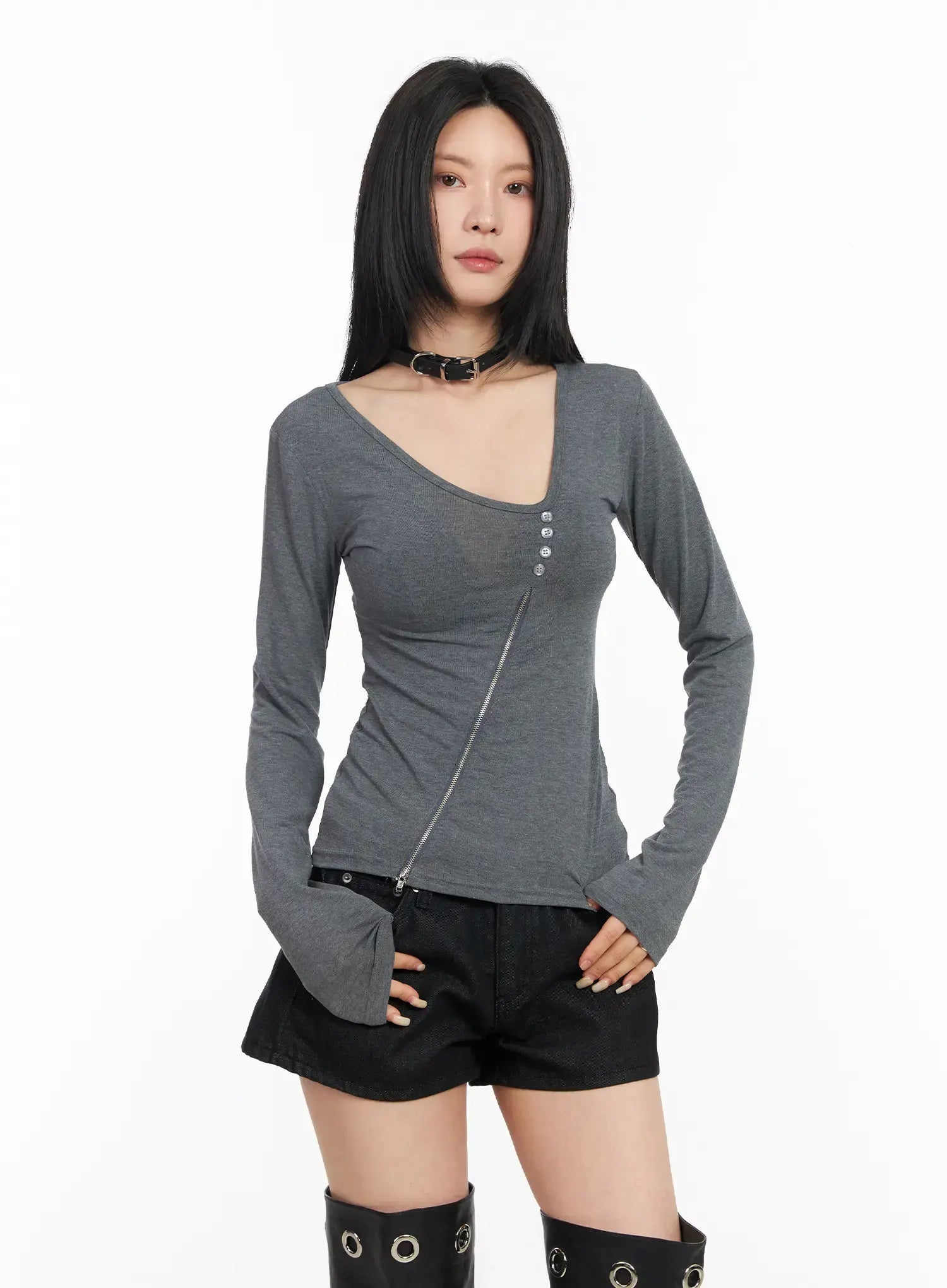 asymmetrical-zip-long-sleeve-shirt-cm517 / Gray
