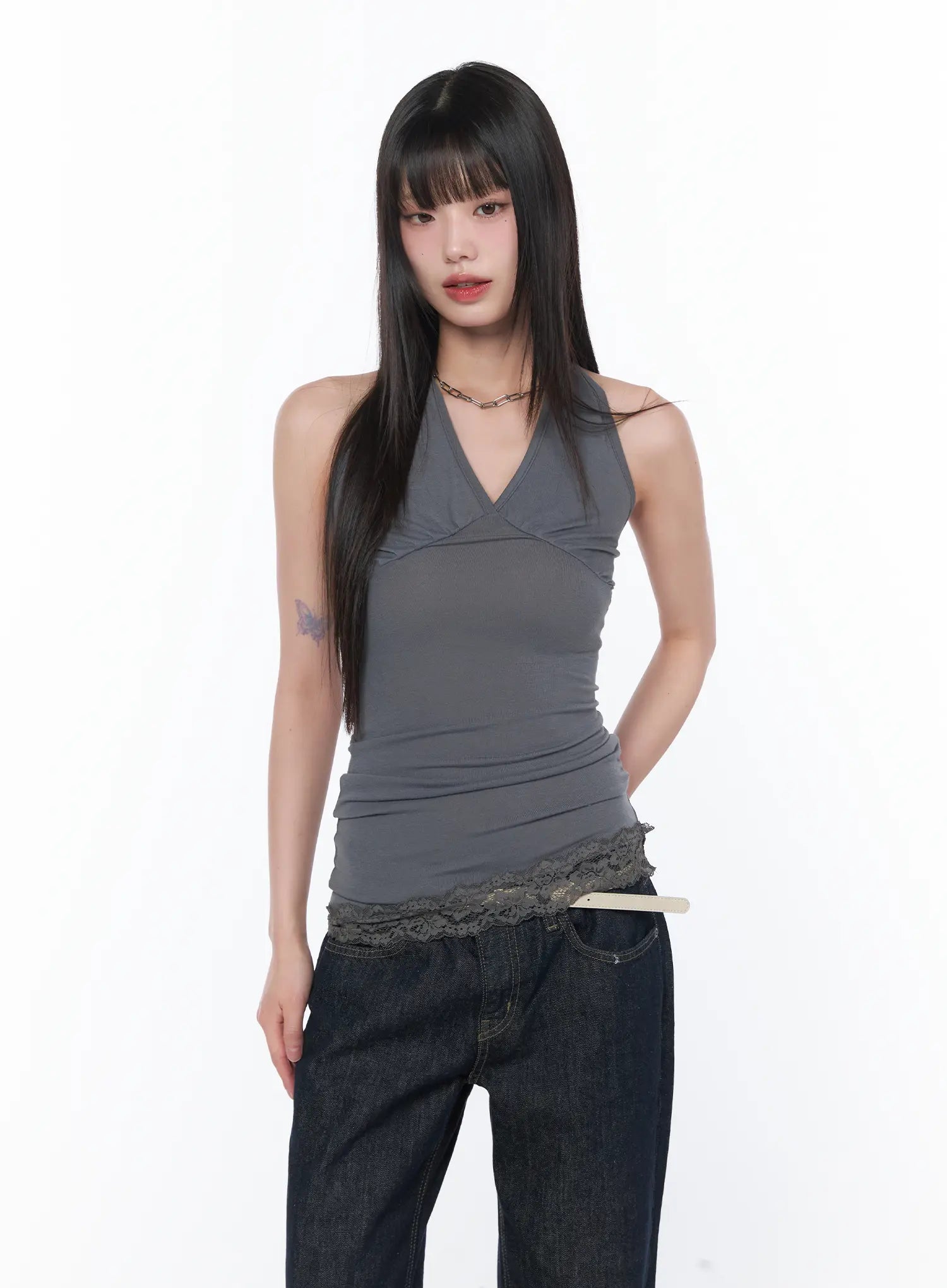 V-Neck Halter Lace Trim Top CA529